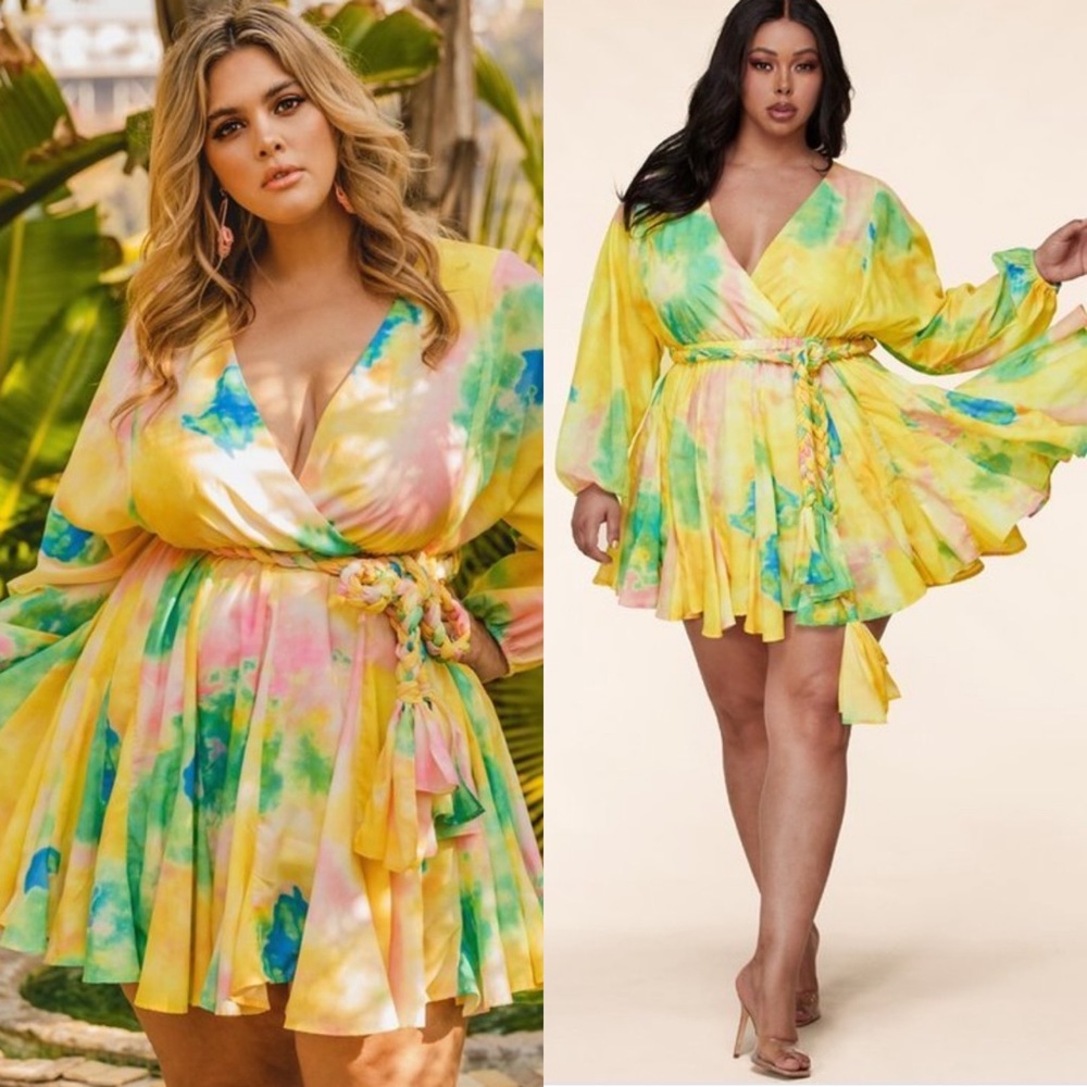 L'ATISTE Yellow Tie-Dye Mini Dress
